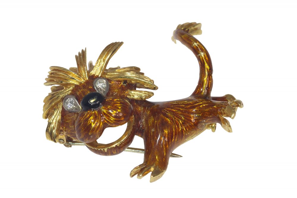 Vintage Enamel and Gold Lion Brooch with Diamond Eyes