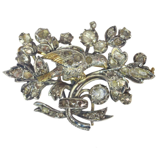 Antique Victorian Bird and Floral Spray Diamond Brooch