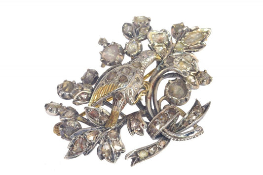 Antique Victorian Bird and Floral Spray Diamond Brooch