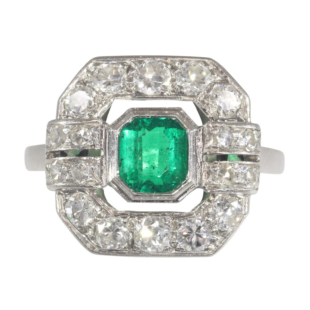 Art Deco French Brazilian Emerald and Old Cut Diamond Cluster Dress Ring in Platinum