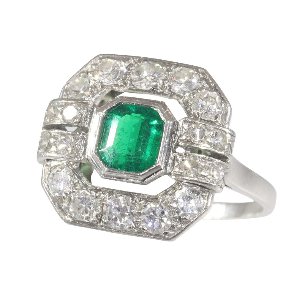 Art Deco French Brazilian Emerald and Old Cut Diamond Cluster Dress Ring in Platinum
