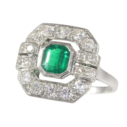 Art Deco French Brazilian Emerald and Old Cut Diamond Cluster Dress Ring in Platinum