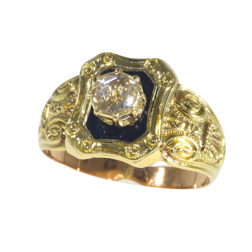 Antique Early Victorian Diamond Ring with Black Enamel