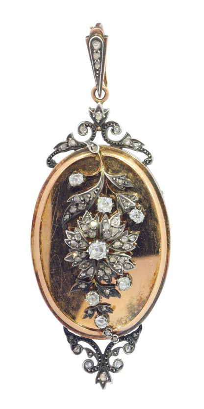 Victorian Antique Diamond Set Gold Locket Pendant Brooch