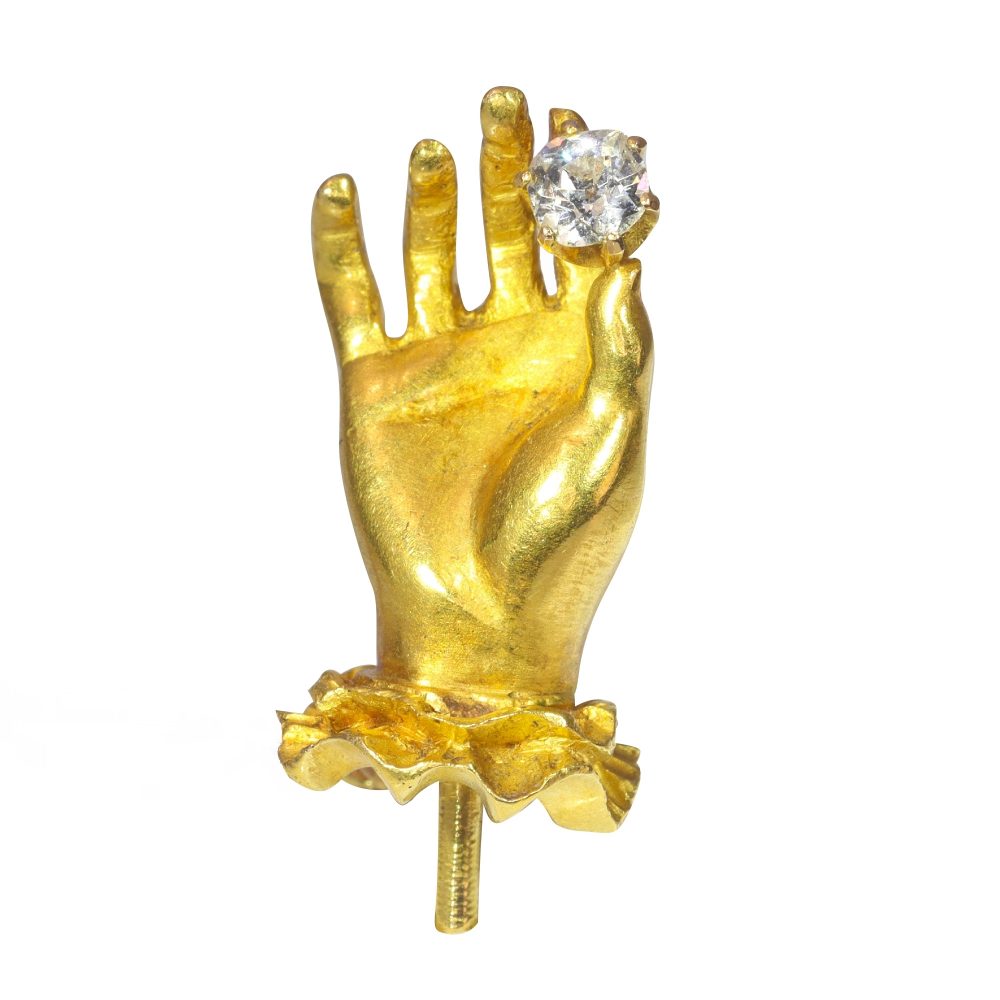 Antique 18ct Yellow Gold Tiepin Hand Holding Old Mine Cut Diamond, 0.20 carats, 19th century, Circa 1830