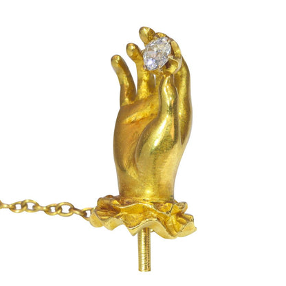 Antique 18ct Yellow Gold Tiepin Hand Holding 0.20ct Old Mine Cut Diamond