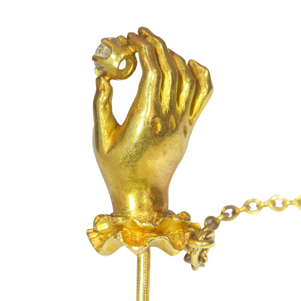 Antique 18ct Yellow Gold Tiepin Hand Holding 0.20ct Old Mine Cut Diamond