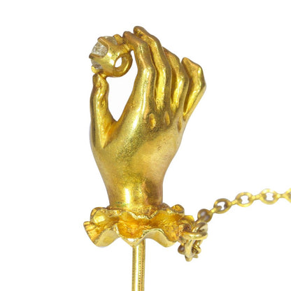 Antique 18ct Yellow Gold Tiepin Hand Holding 0.20ct Old Mine Cut Diamond
