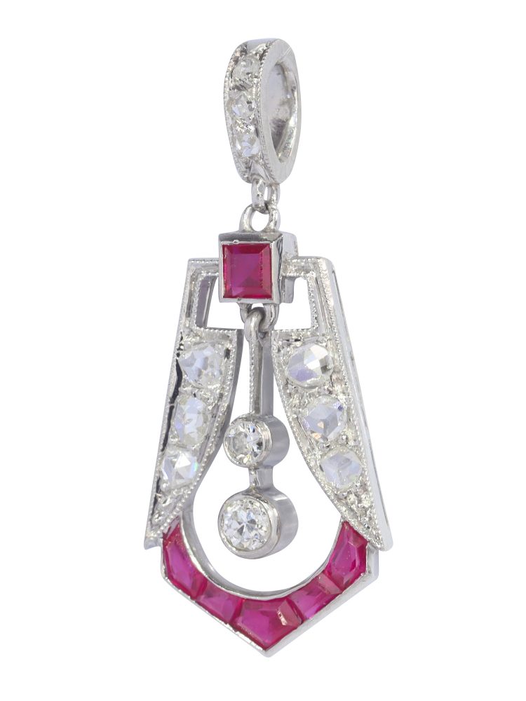 Art Deco Ruby and Old Cut Diamond Pendant in Platinum