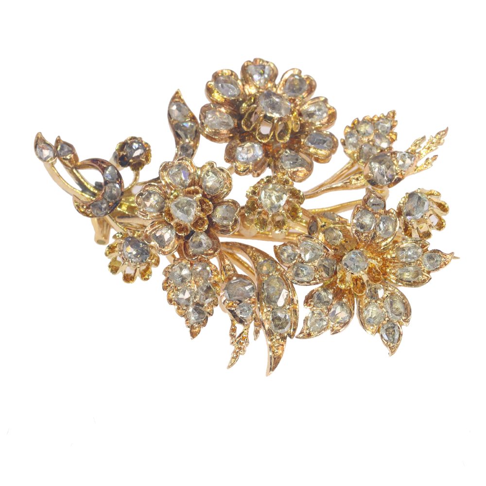 Antique Victorian Rose Cut Diamond Floral Spray Brooch