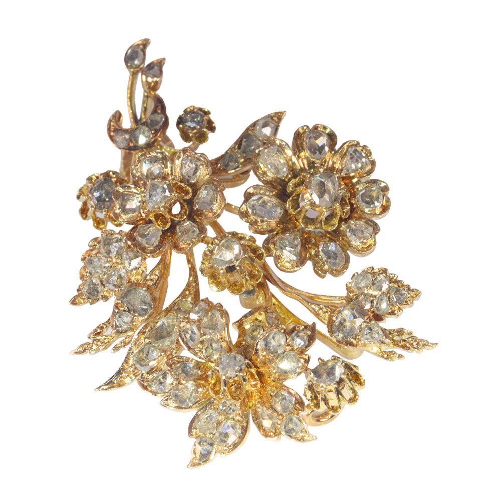 19th century Rose Cut Diamond Flower Spray Brooch 18ct Rose Gold