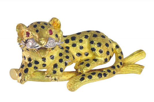 Vintage 1960s Yellow Gold Leopard Brooch with Enamel Spots