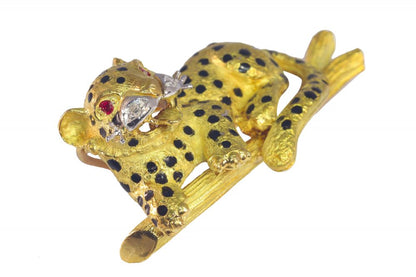 Vintage 18ct Yellow Gold Leopard Brooch with Enamel Spots and Diamonds