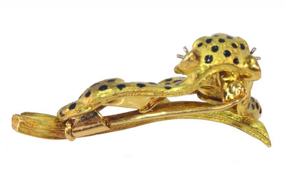 Vintage 18ct Yellow Gold Leopard Brooch Black enamel diamonds