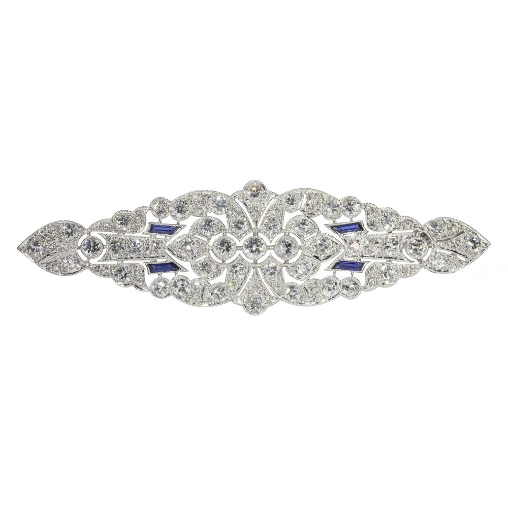 Art Deco Platinum 6.9ct Diamond Brooch with Sapphires