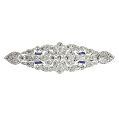 Art Deco Platinum 6.9ct Diamond Brooch with Sapphires