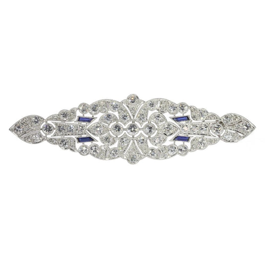 Art Deco Platinum 6.9ct Diamond Brooch with Sapphires