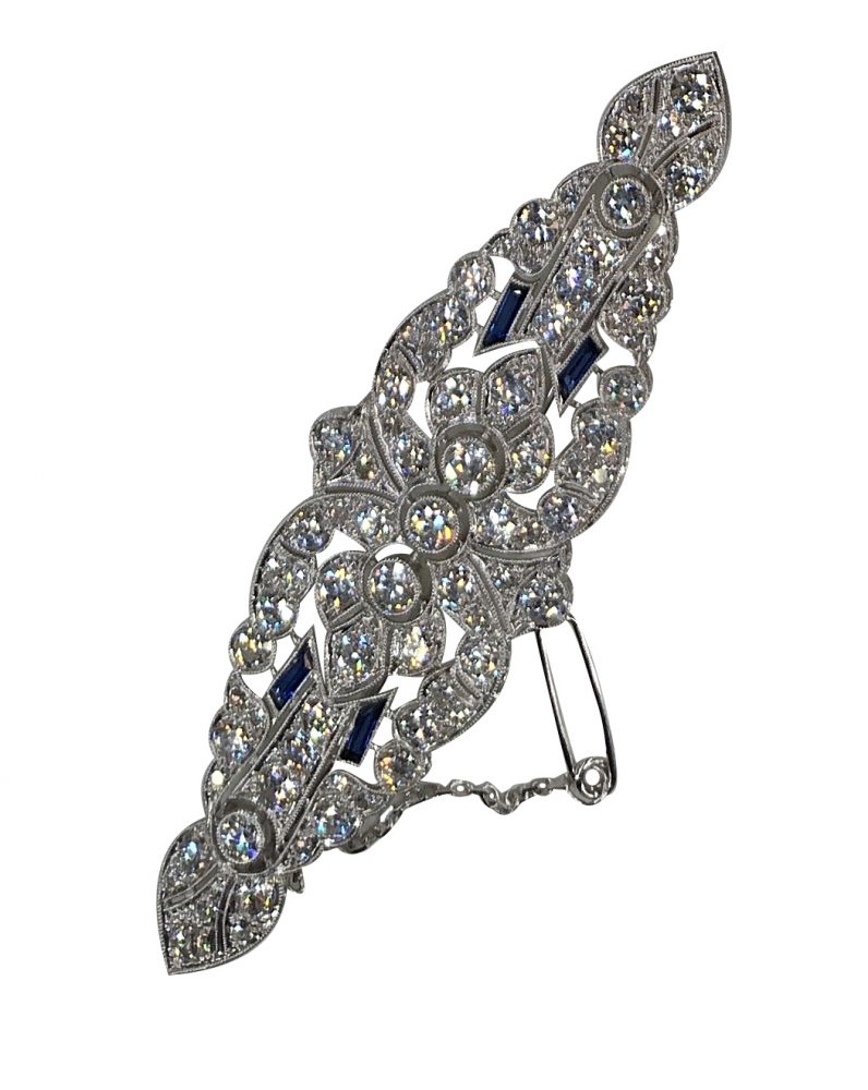 Art Deco Platinum 6.9ct Old Mine Cut Diamond Brooch with Sapphires