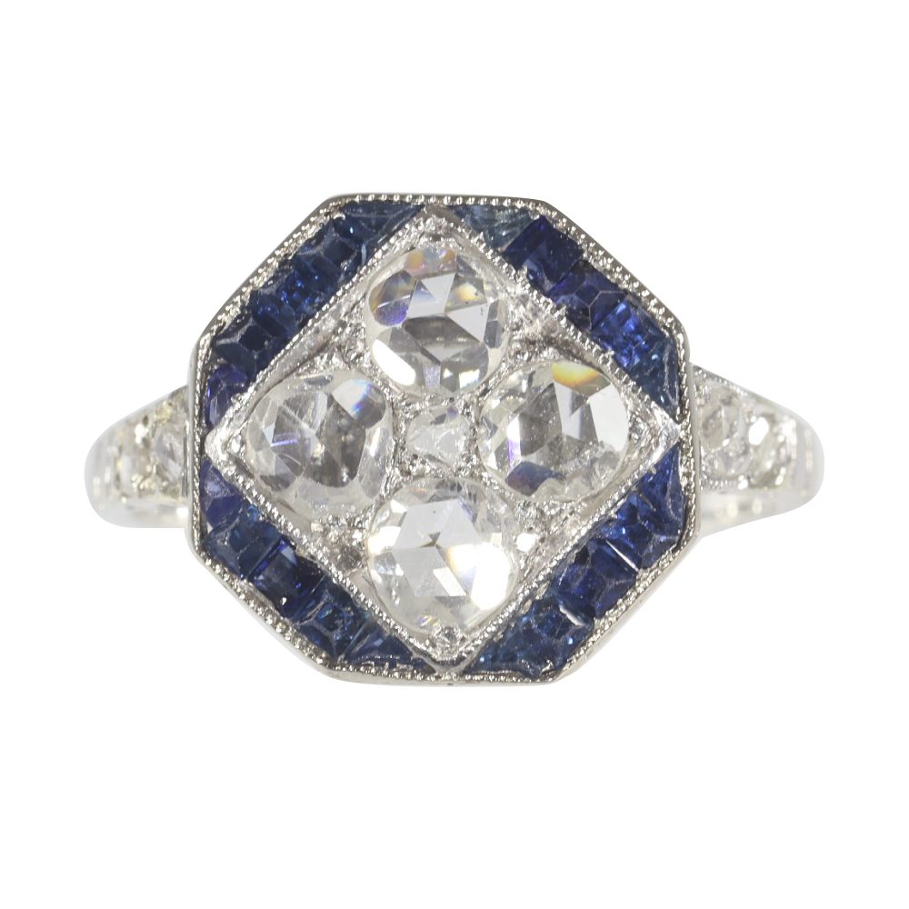 Art Deco ring sapphire and diamond engagement old cuts
