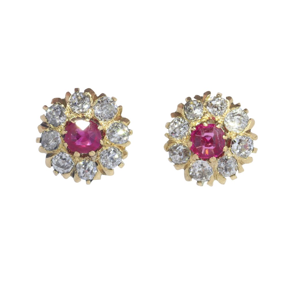 Antique Victorian Ruby and Diamond Cluster Stud Earrings