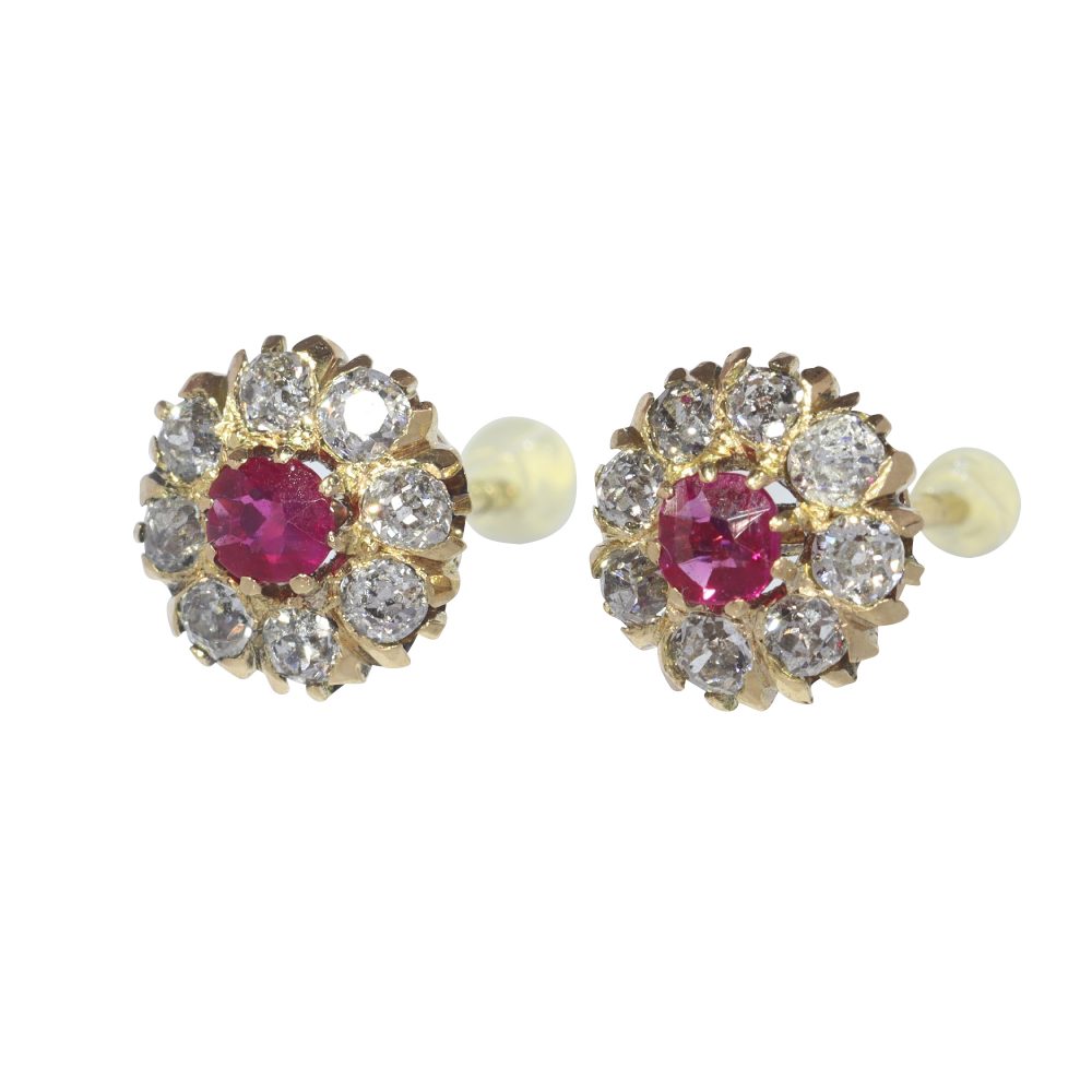 Antique Victorian Ruby and Diamond Cluster Stud Earrings