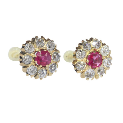 Antique Victorian Ruby and Diamond Cluster Stud Earrings