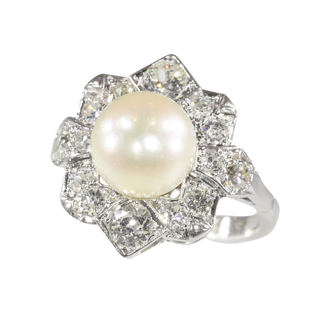 Antique Art Deco Pearl and Diamond Cluster Ring