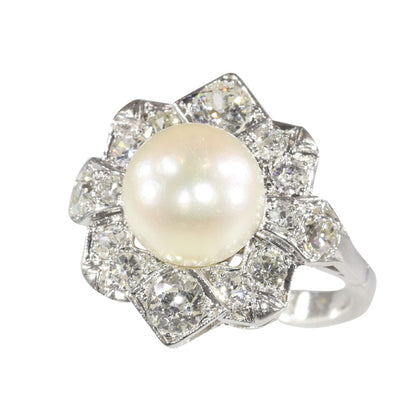 Antique Art Deco Pearl and Diamond Cluster Ring