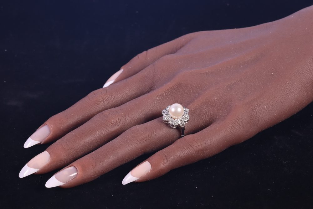 Antique Art Deco Pearl and Diamond Cluster Ring