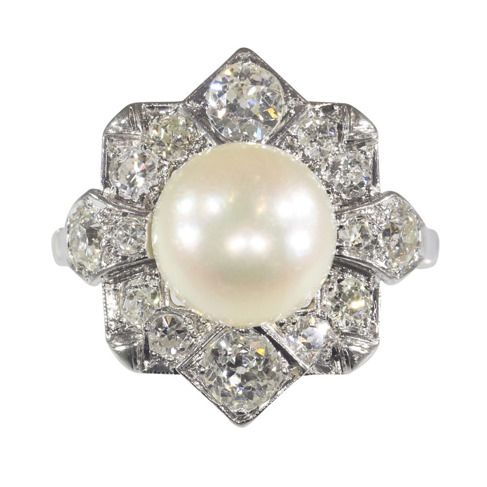 Antique Art Deco Pearl and Diamond Cluster Ring