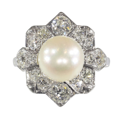 Antique Art Deco Pearl and Diamond Cluster Ring