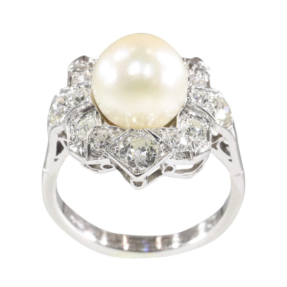 Antique Art Deco Pearl and Diamond Cluster Ring