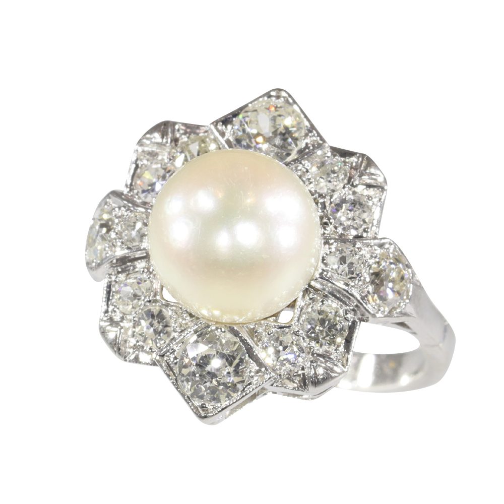Antique Art Deco Pearl and Diamond Cluster Ring