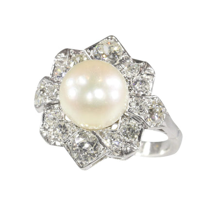 Antique Art Deco Pearl and Diamond Cluster Ring