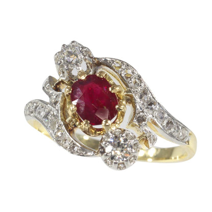French Belle Epoque Ruby and Diamond Crossover Ring