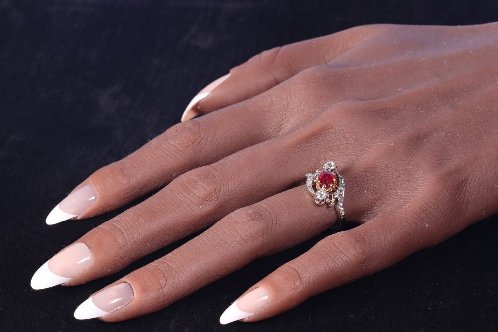 French Belle Epoque Ruby and Diamond Crossover Ring
