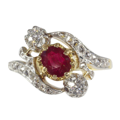 French Belle Epoque Ruby and Diamond Crossover Ring