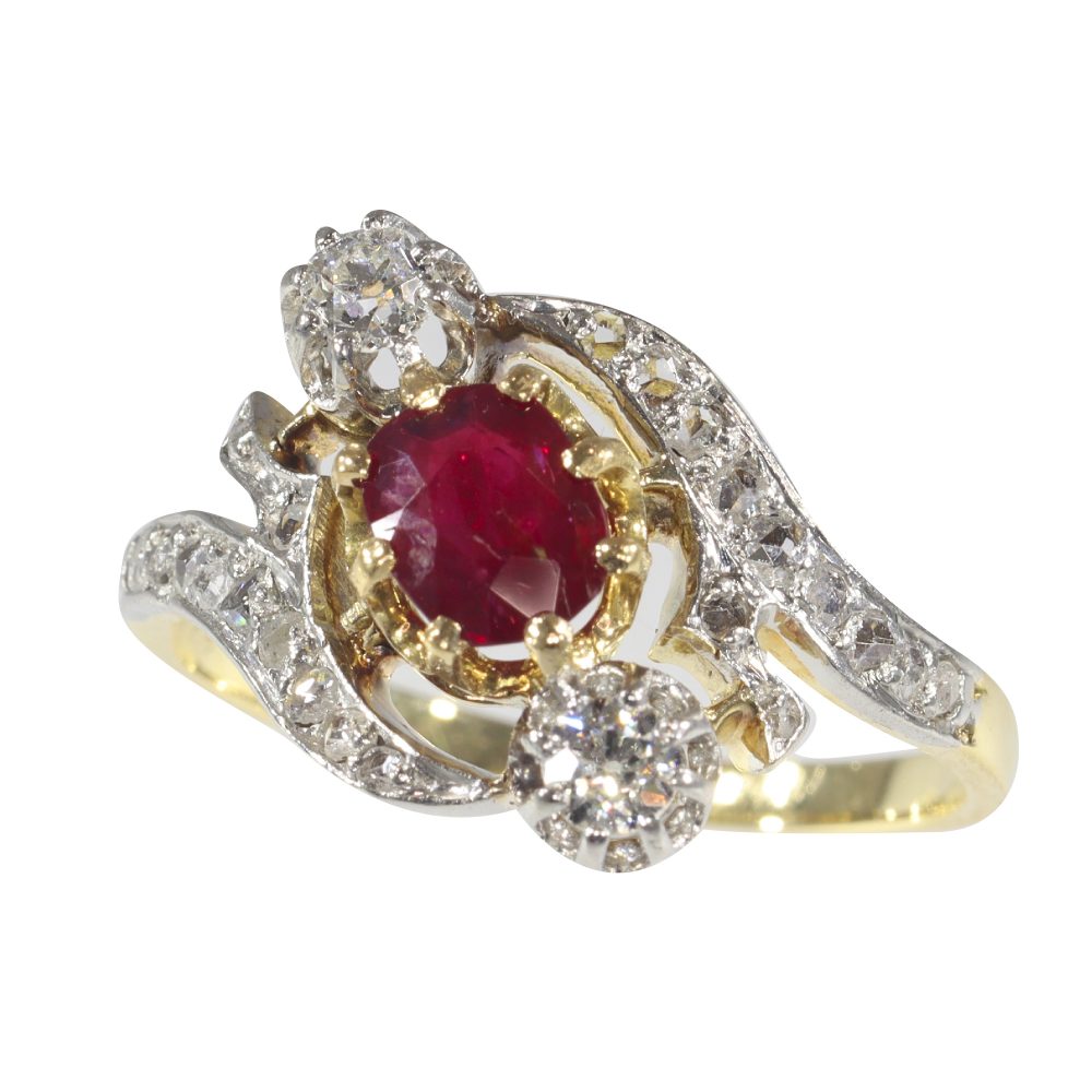 French Belle Epoque Ruby and Diamond Crossover Ring