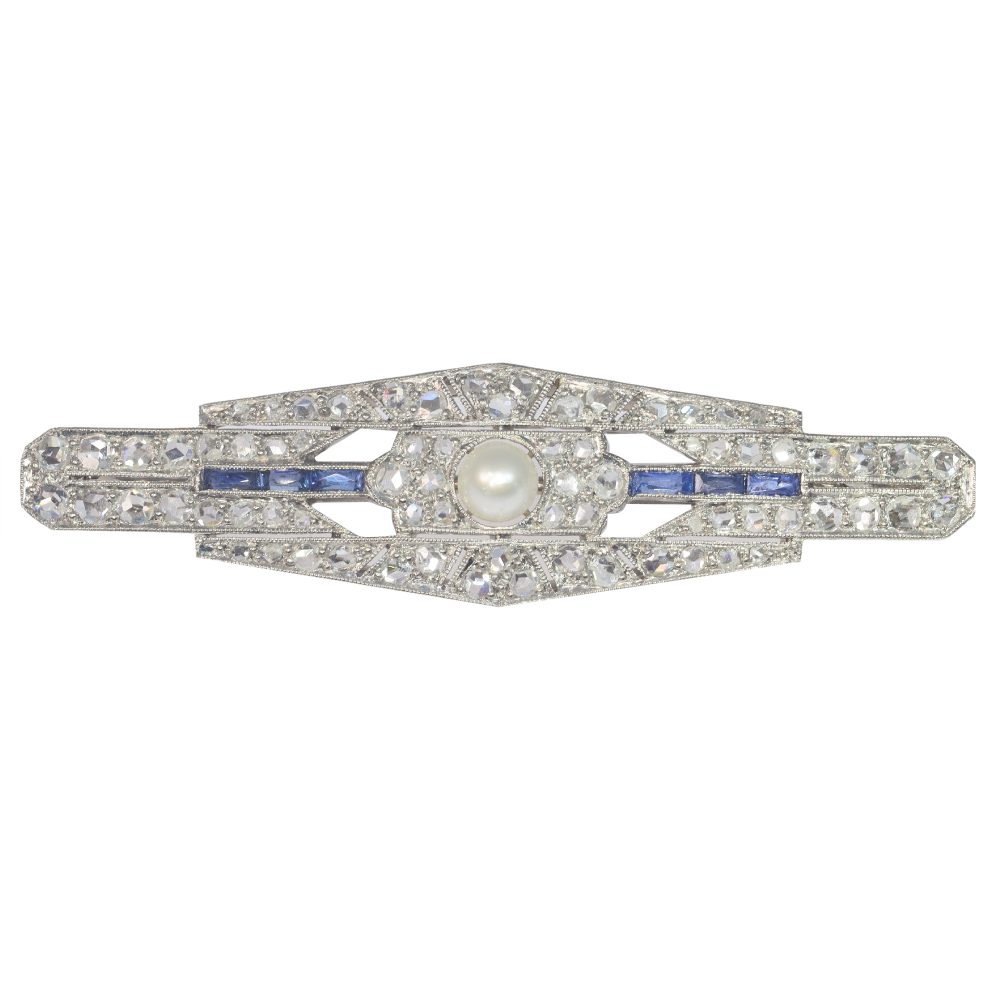 Antique Art Deco Diamond Sapphire and Pearl Bar Brooch