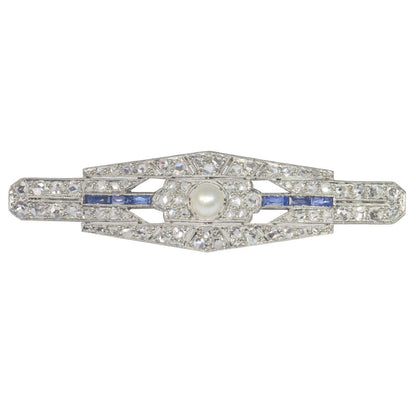 Antique Art Deco Diamond Sapphire and Pearl Bar Brooch