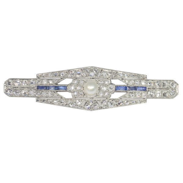 Antique Art Deco Diamond Sapphire and Pearl Bar Brooch
