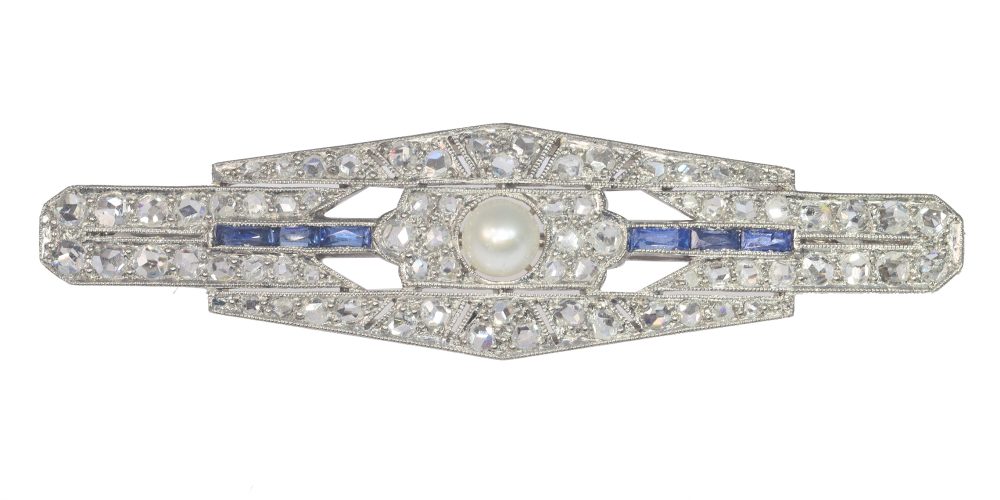 Antique Art Deco Diamond Sapphire and Pearl Bar Brooch