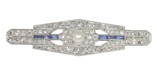 Antique Art Deco Diamond Sapphire and Pearl Bar Brooch
