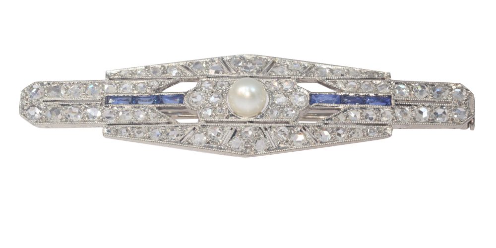 Antique Art Deco Diamond Sapphire and Pearl Bar Brooch