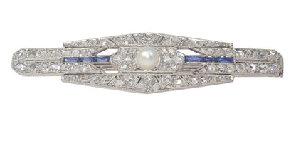 Antique Art Deco Diamond Sapphire and Pearl Bar Brooch