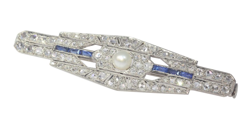 Antique Art Deco Diamond Sapphire and Pearl Bar Brooch