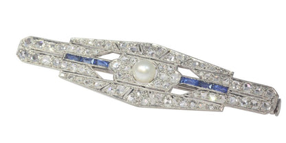Antique Art Deco Diamond Sapphire and Pearl Bar Brooch