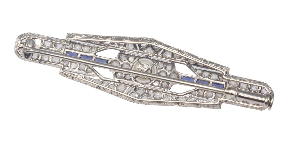 Antique Art Deco Diamond Sapphire and Pearl Bar Brooch