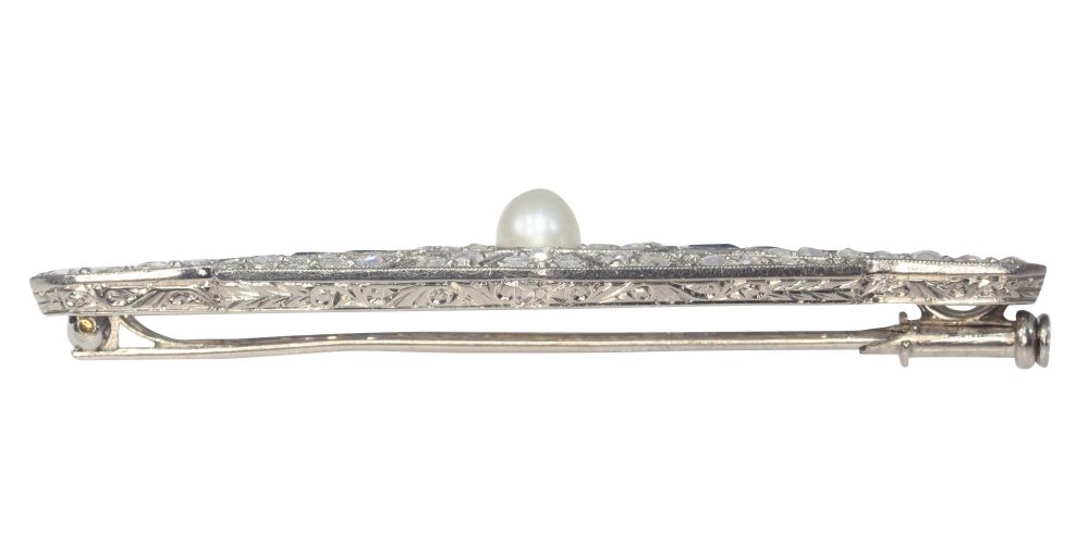 Antique Art Deco Diamond Sapphire and Pearl Bar Brooch