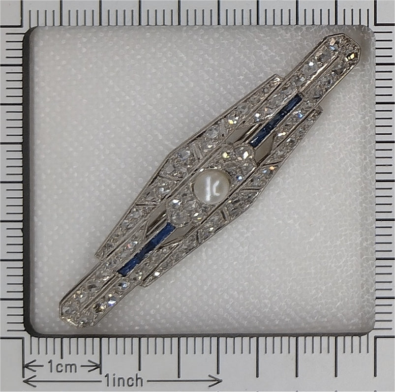 Antique Art Deco Diamond Sapphire and Pearl Bar Brooch